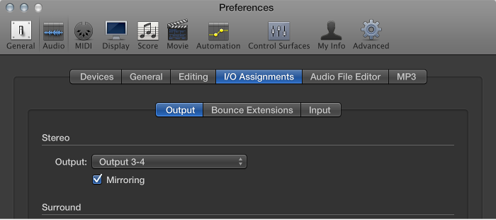 Figure. Output pane in the I/O Assignments pane in the Audio preferences.