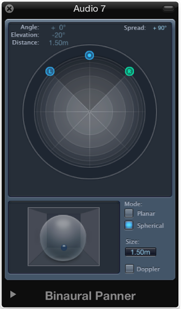 Figure. Spherical mode in the Binaural Panner window.