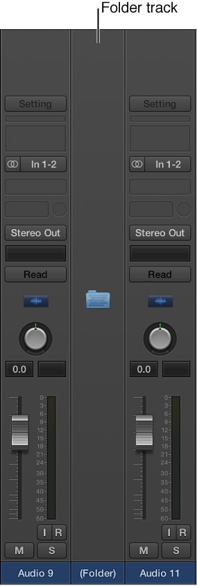 Figure. Folder track channel strip in the Mixer area.