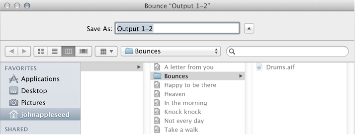 Figure. File name and folder settings in the Bounce window.