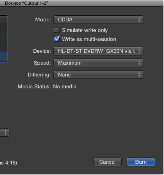 Figure. Burn options in the Bounce window.