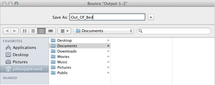 Figure. File name and folder settings in the Bounce window.