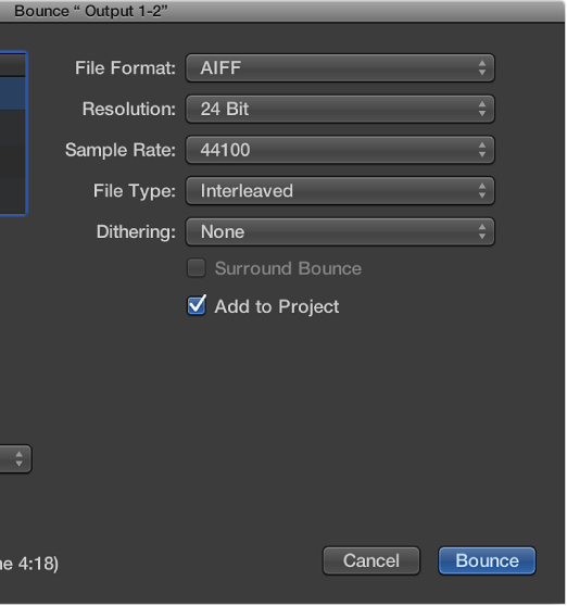 Figure. PCM options in the Bounce window.
