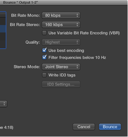 Figure. MP3 options in the Bounce window.
