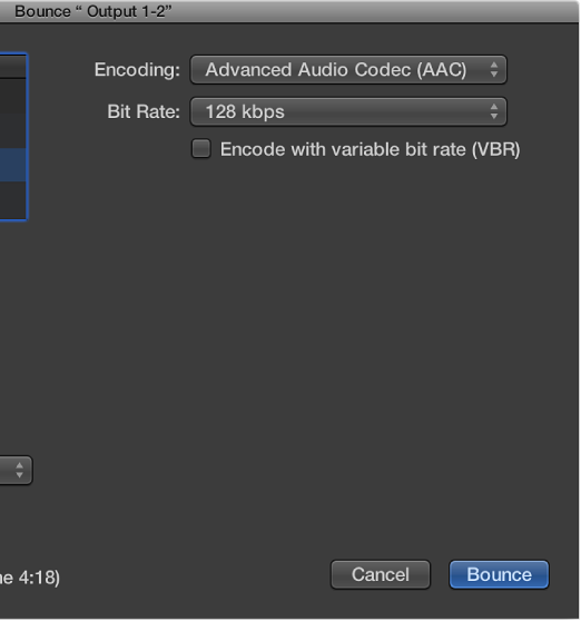 Figure. M4A AAC Format options in the Bounce window.