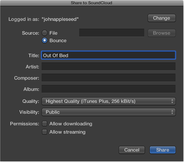 Figure. Share to SoundCloud dialog.