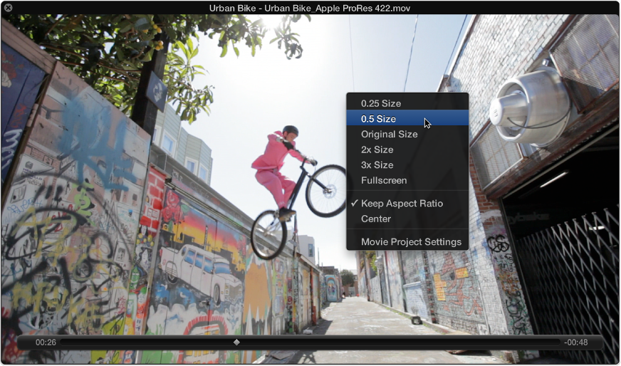 Figure. Movie window showing image formats in the shortcut menu.