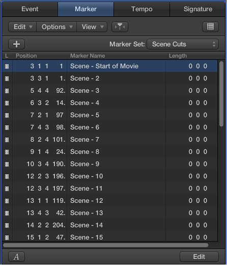 Figure. Marker List showing movie scene markers.