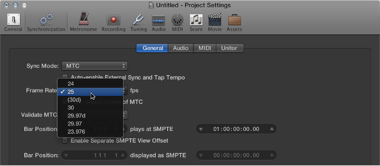 Figure. Synchronization project settings showing Frame Rate pop-up menu.