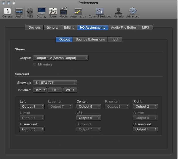 Figure. I/O Assignments pane in Audio preferences.