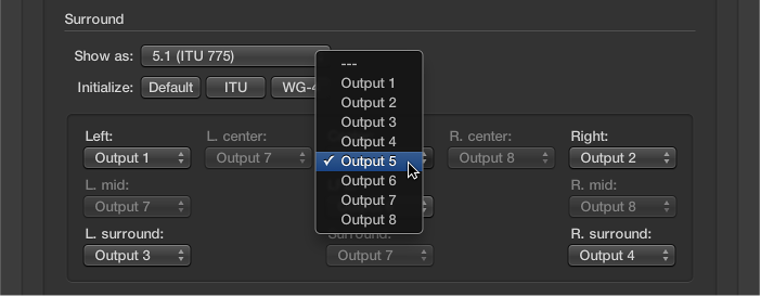 Figure. Output pop-up menu in Surround preferences.