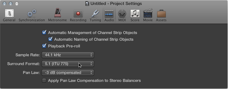 Figure. Audio project settings pane.