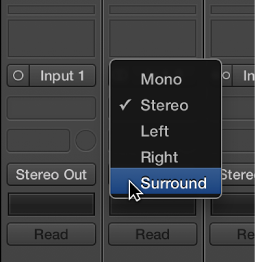 Figure. Input format pop-up menu on channel strip.