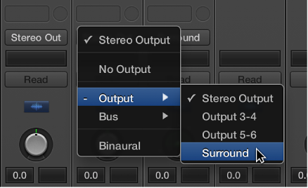 Figure. Choosing Surround from Output pop-up menu on channel strip.