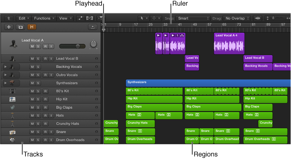 Figure. Tracks area, showing tracks and regions, the playhead, and the ruler.