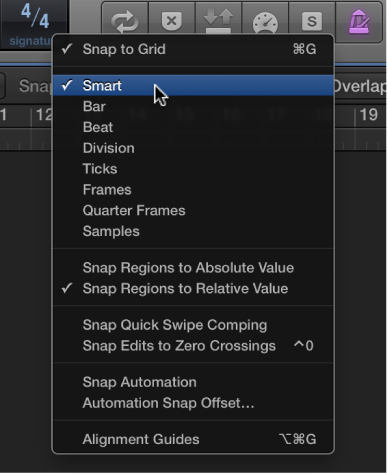 Figure. The Snap pop-up menu for the Tracks area.