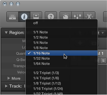 Figure. The Quantize pop-up menu in the Region inspector.