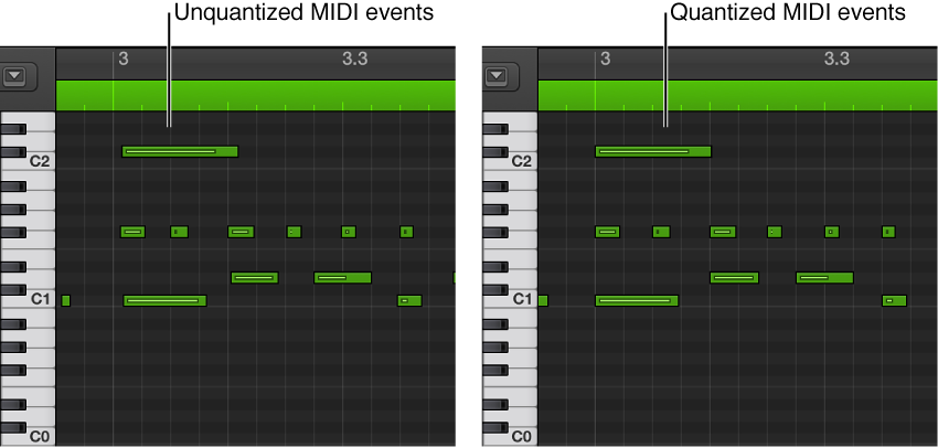Figure. A pair of images showing unquantized and quantized MIDI events in the Piano Roll Editor.