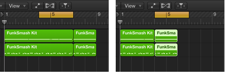 Figure. A pair of images showing the Cut Section Between Locators command in the Tracks area.