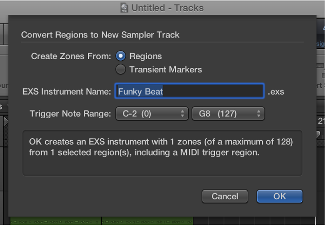 Figure. Convert Regions to New Sampler Track dialog.