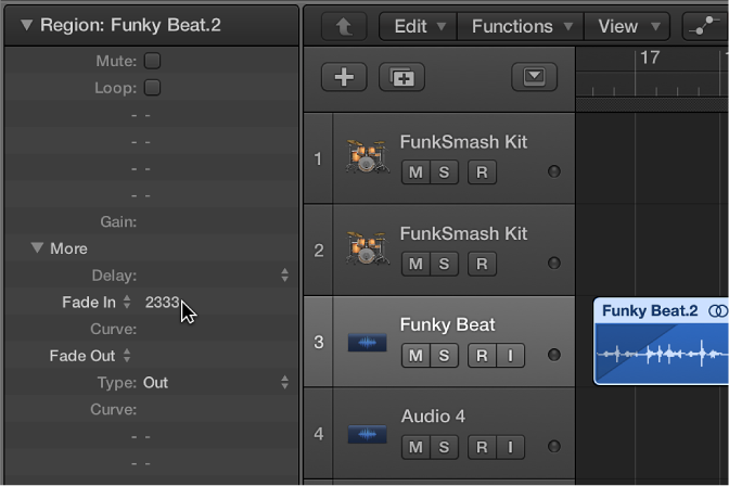 Figure. Fade In parameter in the Region inspector, also reflected in Arrange area.