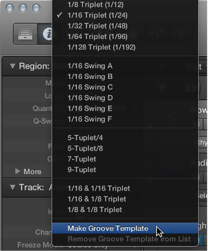 Figure. Make Groove Template selected in the Quantize pop-up menu.