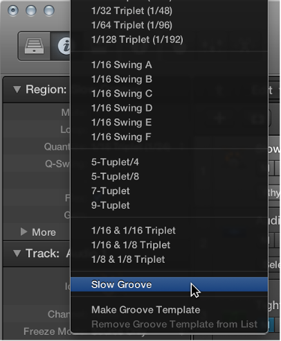 Figure. The default groove template name selected in the Quantize pop-up menu.