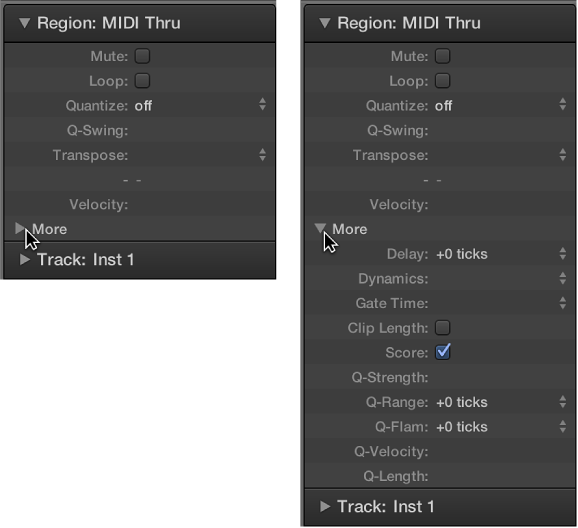 Figure. A pair of images showing audio and MIDI region quantization parameters in the Regon inspector.
