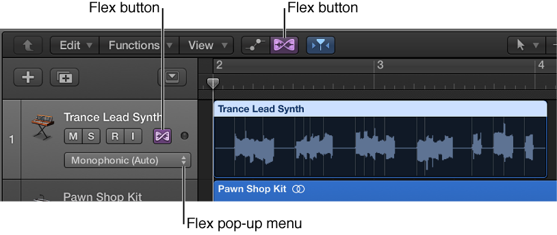 Figure. Flex button and Flex pop-up menu in an audio track header.