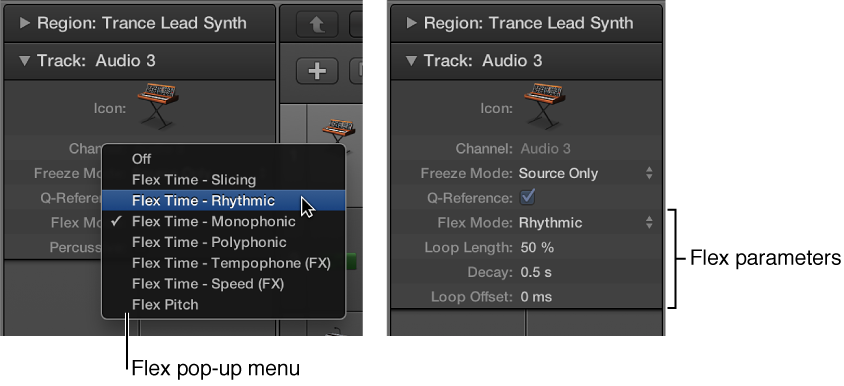 Figure. Track inspector showing Flex algorithms and parameters.