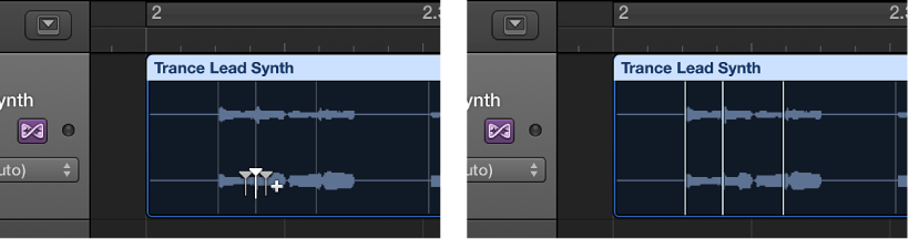 Figure. Audio region showing the creation of three flex markers.