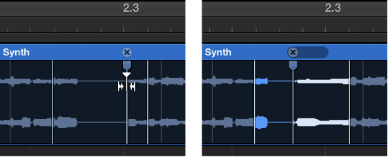 Figure. Two audio regions showing the region before and after a flex marker is moved to the left.