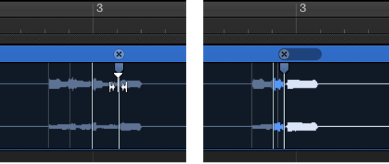 Figure. Two audio regions showing the region before and after a flex marker is moved to the left and overlaps the previous flex marker.