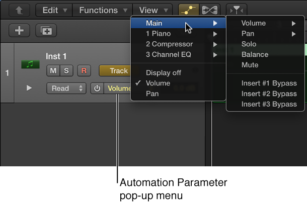 Figure. Showing the Automation Parameter pop-up menu open.