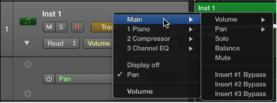 FIgure. Choosing an automation parameter from the pop-up menu.