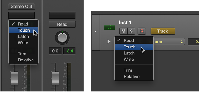 Figure. Side-by-side of the Automation Mode pop-up menu in the channel strip and track header.