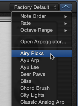 Figure. Arpeggiator pop-up menu in the Smart Controls menu bar.