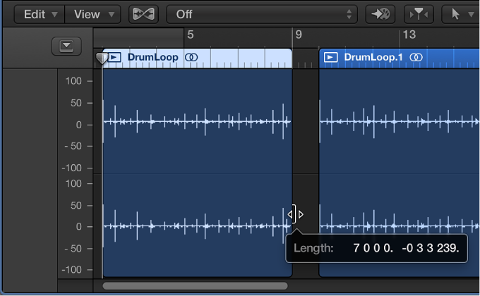 Figure. Trimming region in Audio Editor, showing help tag with region length and trim amount.