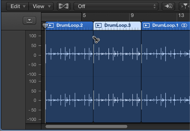Figure. Splitting region in the Audio Editor using the Scissors tool.