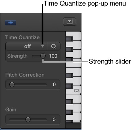 Figure. Time Quantize pop-up menu and Strength slider.