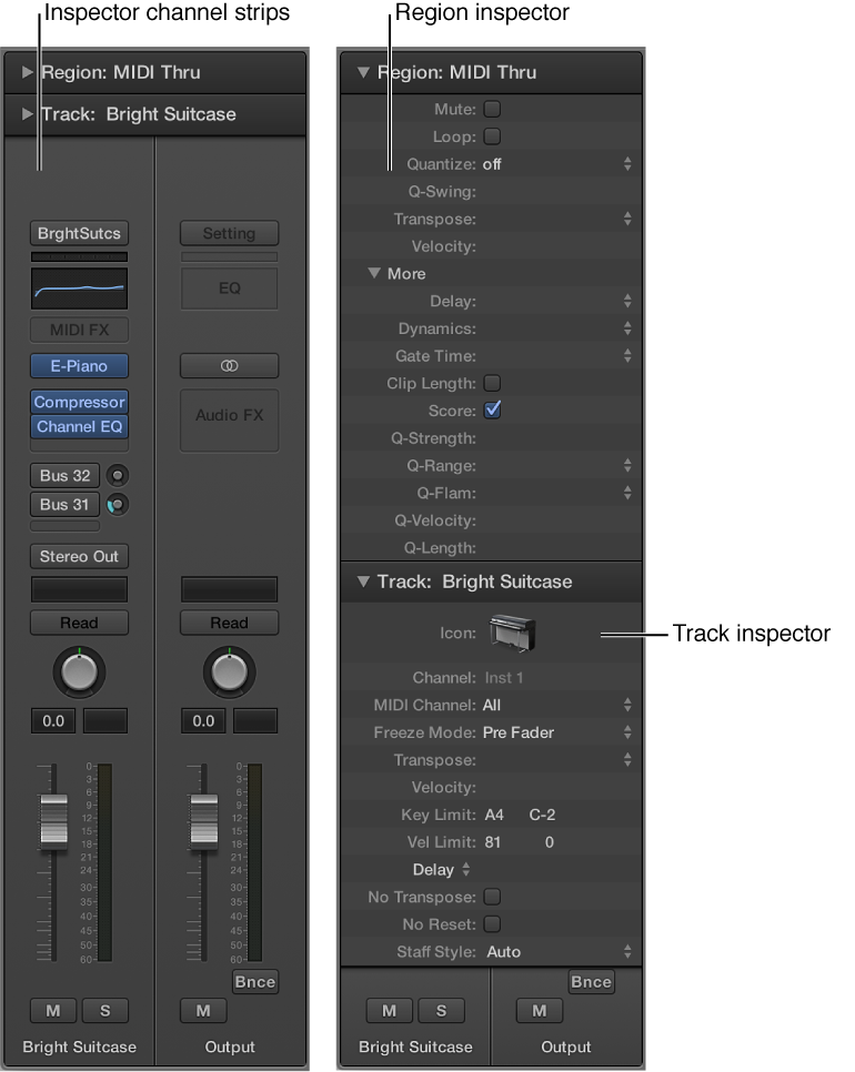 Figure. The inspector, showing the Region inspector, Track inspector, and inspector channel strips.