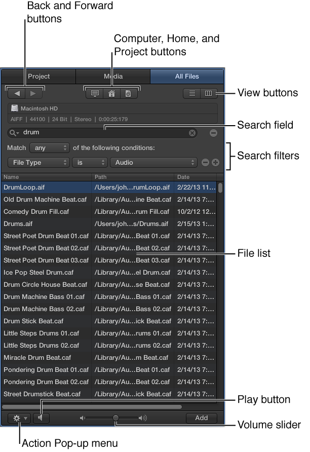 Figure. Media area showing the File Browser.