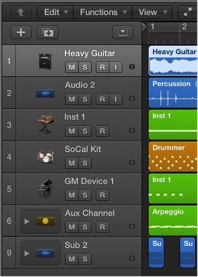 Figure. Different track types in the Tracks area.