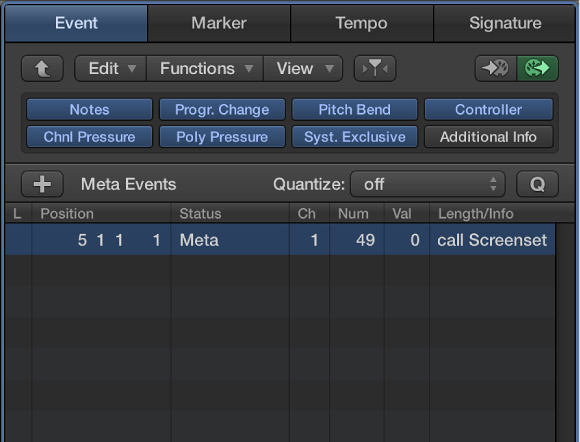 Figure. Event List showing screenset meta event.