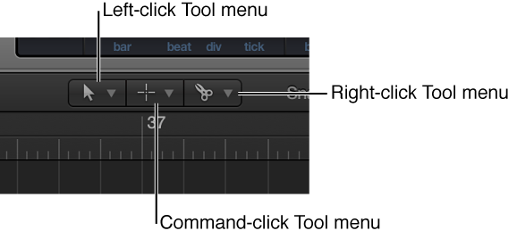Figure. Left-click, Command-click, and Right-click Tool menus in the Arrange area.