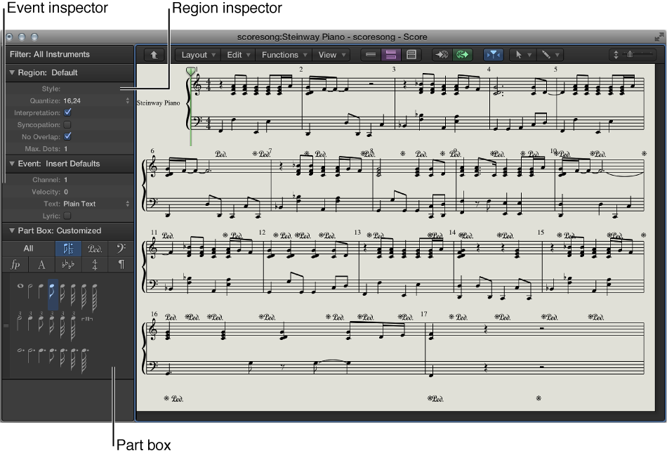 Figure. Event Parameter box, Display Parameter box, and Part box in the Inspector.