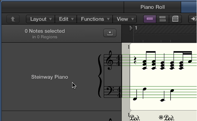 Figure. Instrument name and all regions for instrument track selected in the Score Editor.