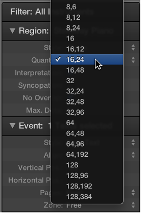 Figure. Display quantization parameters in the Quantize pop-up menu.