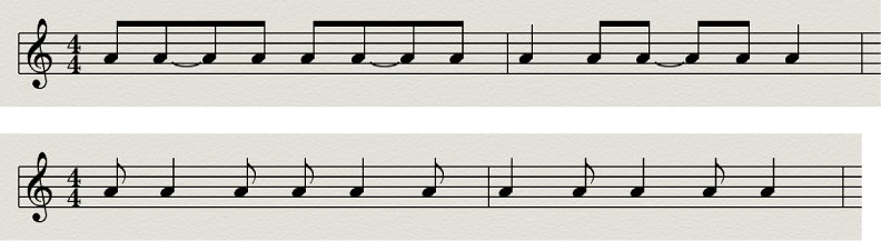 Figure. Syncopation disabled and enabled in the Score Editor.