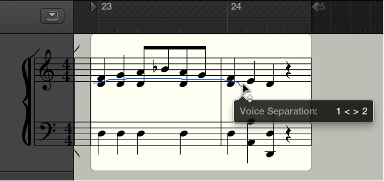Figure. Voice Separation tool between two notes in the Score Editor.